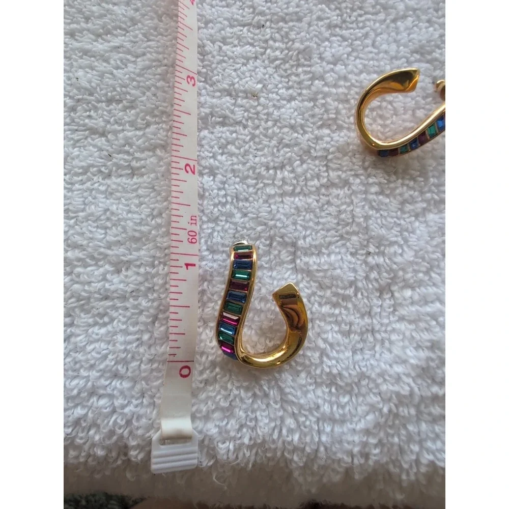 Swarovski SAL Gold Tone Baguette Rainbow Ribbon Crystal Twisted‎ Hoop Earrings